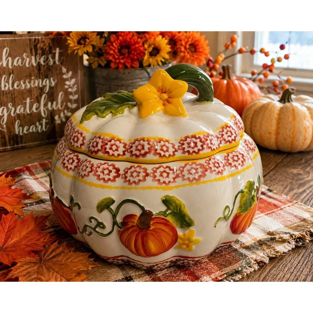 Temptations by Tara Pumpkin 1.5 QT Covered Baker Fall Harvest Casserole Dish